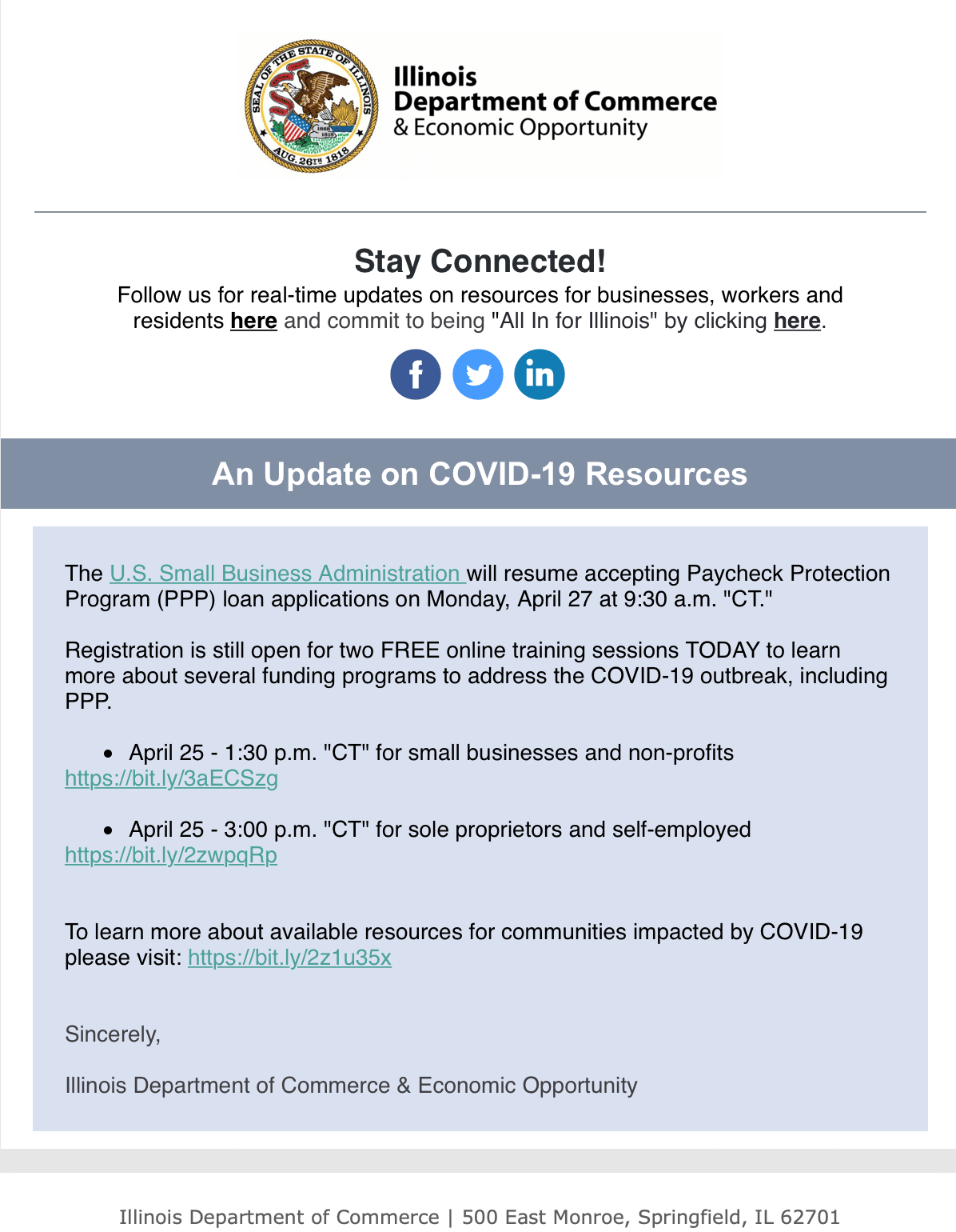 IL Dept of Commerce & Economic Development COVID-19 Update 4-25-20